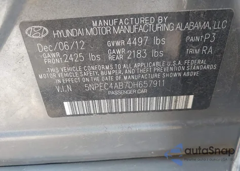 2013 Hyundai Sonata Limited 2.0T z USA, uszkodzony, nr VIN 5NPEC4AB7DH657911